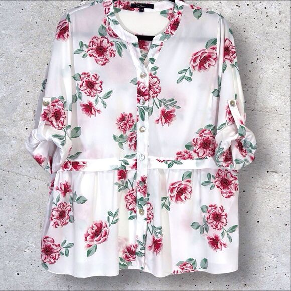 Calessa Tunic Top White Pink Floral Frenzy 2X Roll Tab Sleeves Pockets Button Up - Picture 2 of 9